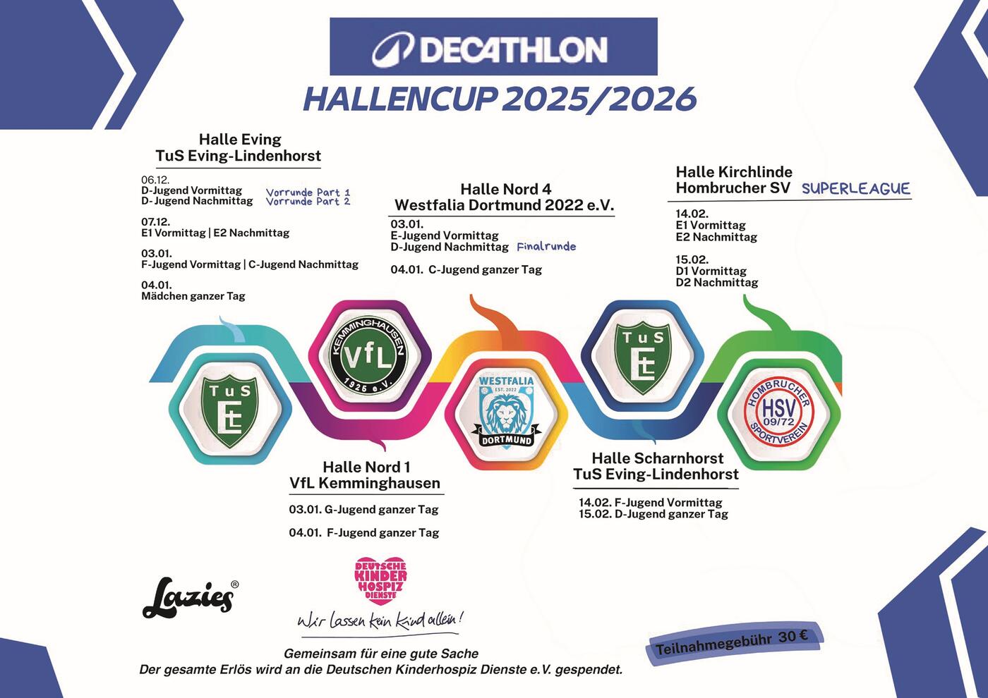 Vier Dortmunder Traditionsvereine richten von Dezember bis Februar gemeinsam mit Decathlon  Dortmund als Hauptpartner den Fußball-Hallencup 2025/2026 aus und sammeln dabei Spenden  zugunsten der Deutschen Kinderhospiz Dienste und für die Begleitung von schwerstkranken Kindern  und Jugendlichen in Dortmund. (Quelle/Grafik: Charalampos Kioutachialis)